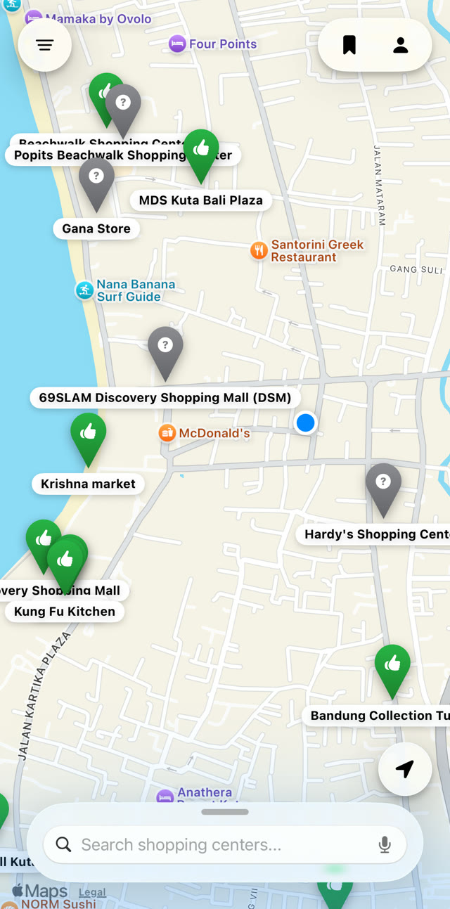 The Puspadi Fellas map with color-graded accessibility pins across Kuta, Bali
